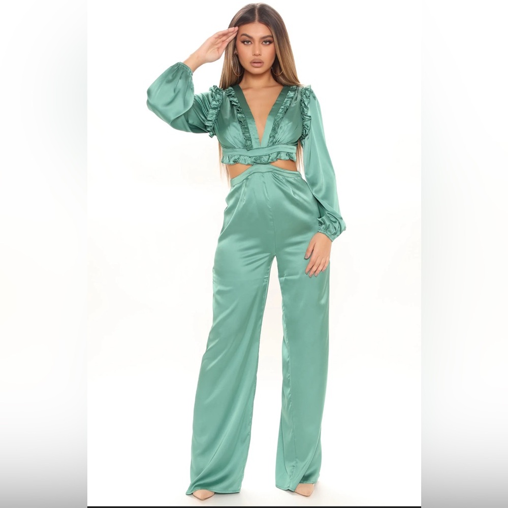 Fashion Nova Ruffle Satin Jumpsuit